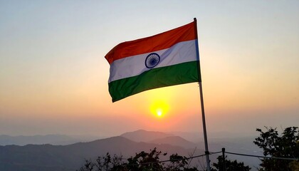 Indian Flag Fluttering on Hilltop During Sunrise in Gentle Breeze
