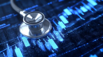 Representation of healthcare influenced by economic policy, depicted through digital graphs and medical symbols