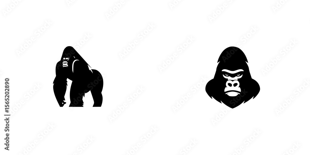 Poster silhouette pictogram icons of a gorilla in profile and headshot representations suitable for various