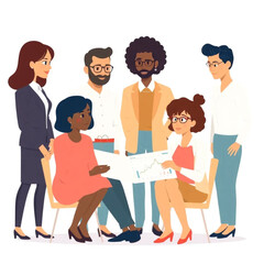Fototapeta premium A diverse group of six colleagues are looking at financial data. One person is standing while the rest are seated, listening attentively.