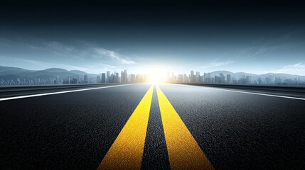Wide empty highway with yellow lane markings, city skyline in the background, clear blue sky, daylight scene, asphalt road with horizon line, spacious horizontal banner with copy space for text