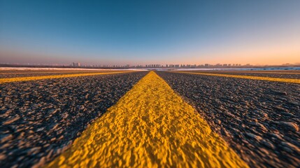 Wide empty highway with yellow lane markings, city skyline in the background, clear blue sky, daylight scene, asphalt road with horizon line, spacious horizontal banner with copy space for text