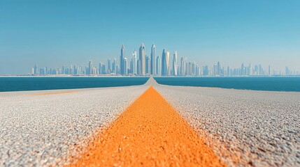 Wide empty highway with yellow lane markings, city skyline in the background, clear blue sky, daylight scene, asphalt road with horizon line, spacious horizontal banner with copy space for text