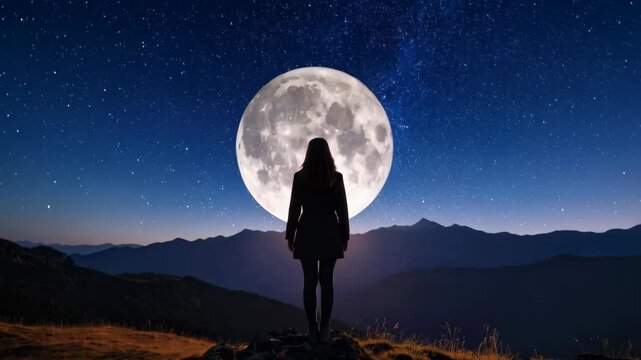 Lone woman gazing at a gigantic glowing full moon under a starry night sky with a mountain range silhouette in the background