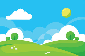 Fototapeta premium Sunny Day Cartoon Landscape Rolling Hills, Green Fields, Blue Sky