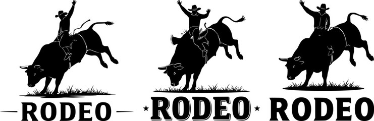 Dynamic rodeo cowboys riding bucking bulls silhouette with typography for western sport action design