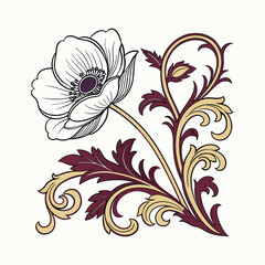 Vintage Baroque Anemone Flower Corner Ornament with Acanthus Scrolls Vector Art