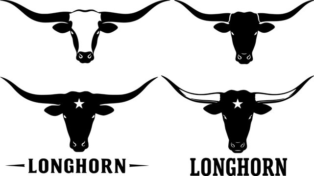 Collection of longhorn cattle skull heads silhouettes with wide horns and typography for western ranch branding symbols collection design