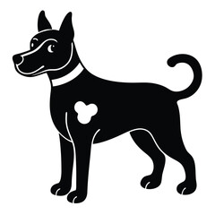 Stylized black silhouette of a friendly dog with a white bone marking on its side