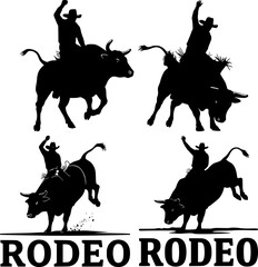 Rodeo cowboys riding bucking bulls in action silhouettes create western sport competition design collection set