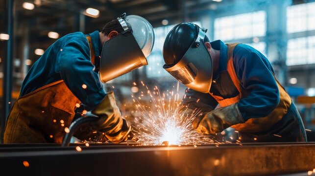Construction career inspiration scene, mother and son welding together