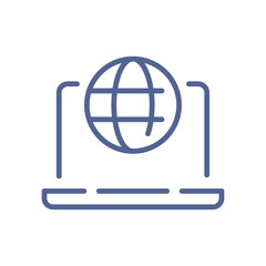 Global connection icon, minimal laptop symbol with globe indicating worldwide network, internet access, digital communication, remote working and online connectivity flat vector illustration.