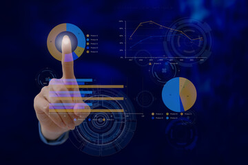 A woman's finger touches a virtual screen with stock market dynamics, a colorful forex hologram...