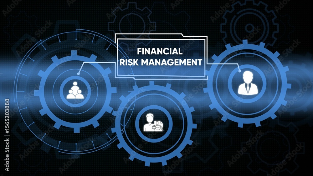 Poster conceptual depiction of financial risk management and strategy utilizing gears and diagrams.