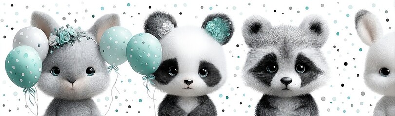 This hand-drawn illustration set boasts a seamless watercolor border with a cute baby koala, elephant, and mouse, all of which are flying with balloons in the clouds
