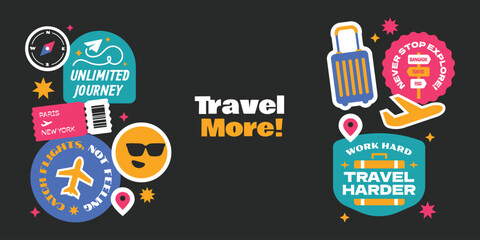 Travel around the world stickers, patch, badges, logos, stamps collection. Journey and vacations travel quotes.