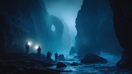 Mysterious figures explore a mystical coastal cove at twilight.