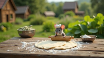 A gray mouse holds a rolling pin and rolls out dough on the table. Summer Village in the background