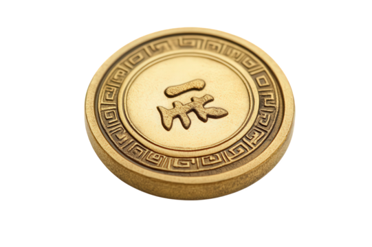 Traditional Chinese Gold Coin PNG with Ancient Symbol Isolated on White Background