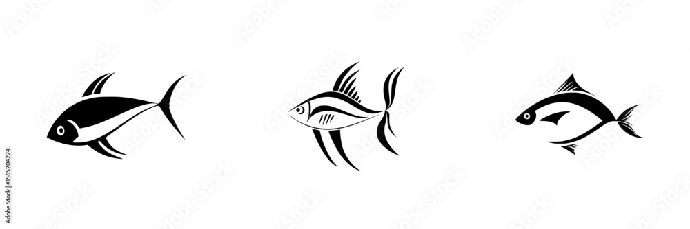 Poster silhouette pictograms of different fish styles showcasing marine life in a minimalistic design suita