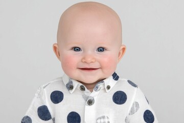 A cute baby girl with big brown eyes is featured in this portrait, set against a light gray background