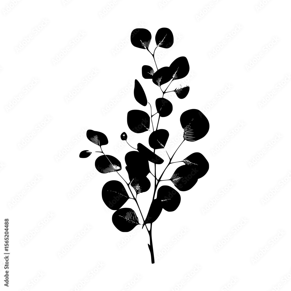 Poster silhouette pictogram of a plant branch with round leaves on a white background captured in a minimal