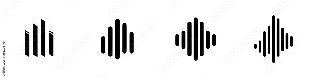 Poster silhouette pictogram icons set representing sound waves, bars, and abstract shapes in a minimalist d