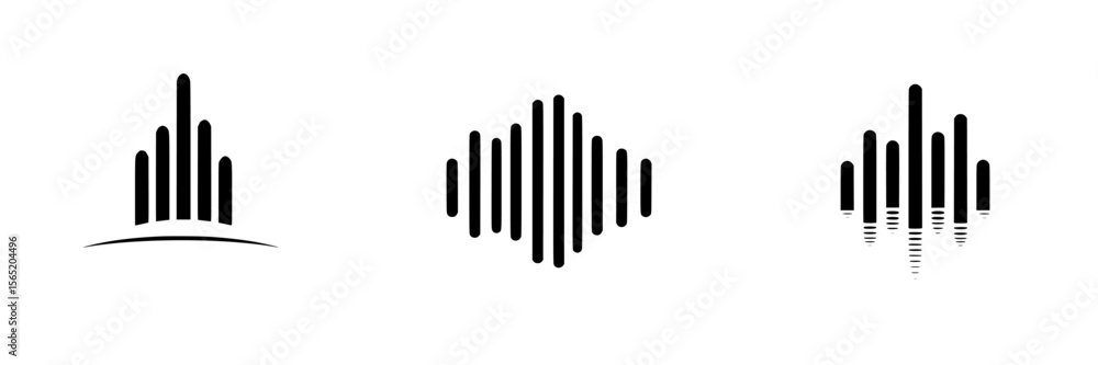 Poster set of silhouette pictograms representing sound wave patterns in various designs and styles for vers