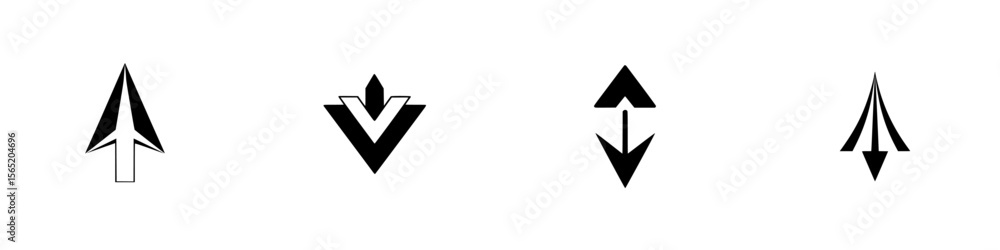 Poster silhouette pictograms featuring various arrow designs for use in graphic representation and symbolic
