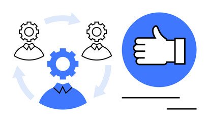 Gear icons integrated with human profiles showing workflow, teamwork, and collaboration. Thumbs-up icon signifies approval and efficiency. Ideal for project management, teamwork, collaboration