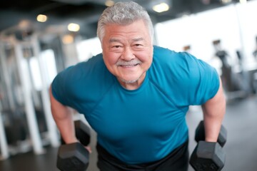Fototapeta premium An Asian senior citizen prioritizes fitness by exercising indoors at the gym, wearing sportswear and using dumbbells to lift weights and stay healthy