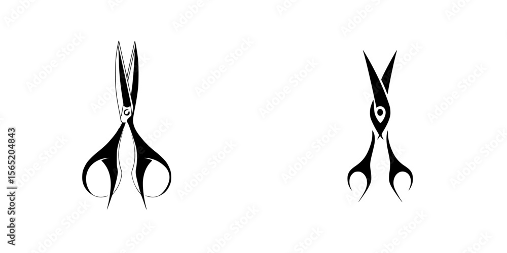 Poster stylized silhouette pictograms representing scissors in various artistic forms suitable for graphic 
