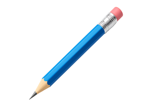 Blue pencil with pink eraser isolated on transparent background