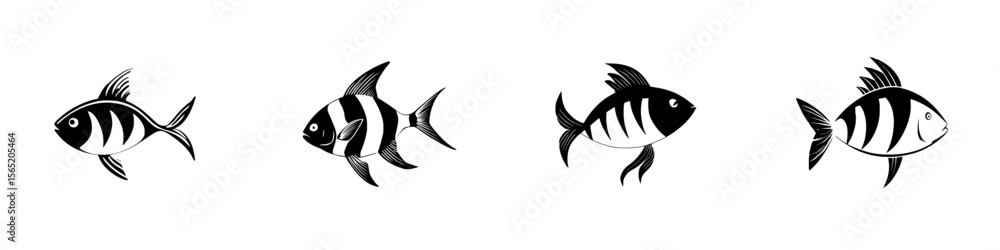 Poster collection of four unique silhouette fish pictograms with distinct patterns and designs suitable for