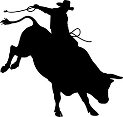 Skilled rodeo cowboy rides powerful bucking bull while swinging lasso rope in dynamic western competition action