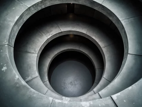 Spiral Concrete Ramp Seen from Above in Brutalist Interior
