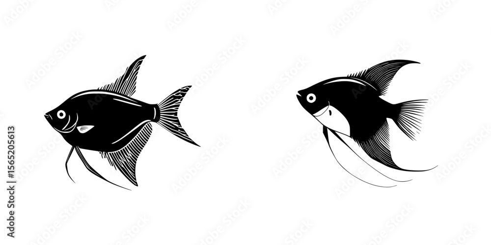 Poster silhouette pictogram set featuring two distinct fish designs suitable for various applications and t