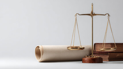 Minimalist balance scale icon floating above graduation scroll and law books, justice education metaphor