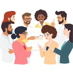 Fototapeta premium A diverse group of six executives are looking at financial data. Everyone is contributing ideas, and a few are pointing at the board or screen.