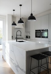 A modern kitchen island with a white marble countertop.