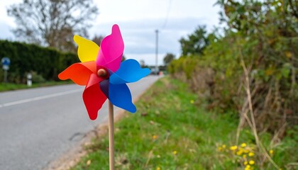 Tricolor Paper Pinwheels Spinning Soft Wind Quiet Village Road