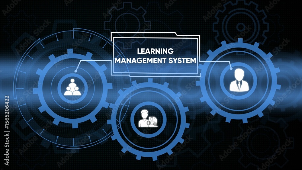 Poster conceptual illustration representing a learning management system with gear cogs and icons