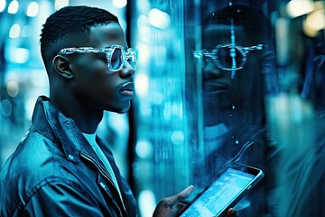 A young man, looking at a digital display