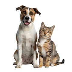 Cute pet friends adorable dog and tabby cat sitting together portrait isolated on transparent background