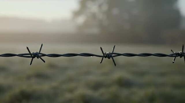 Barbed wire fence in the fog