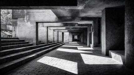 Brutalist Corridor with Layered Concrete and Long Shadows