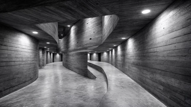 Modern Brutalist Hallway with Deep Structural Layers