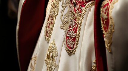 Ornate embroidery adorns a cream-colored garment.