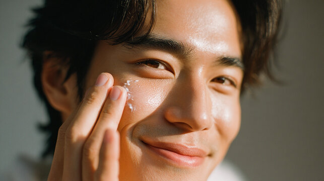 young japanese asian guy moisturizes his face with cream