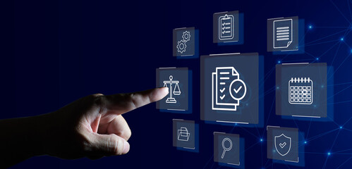 Business audit concept, Compliance with internal organization financial services regulation,...